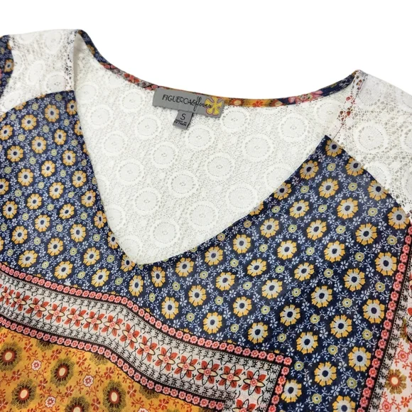 Figueroa & Flower Boho Patchwork Lace Trim Blouse Small V-Neck Flowy Festival - Picture 13 of 16